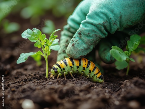Obraz na płótnie Gardener s Hand Protecting a Caterpillar Near Seedlings w salonie