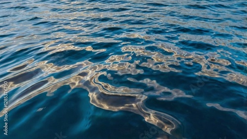 A vibrant and dynamic landscape unfolds, featuring a brilliant blue sky with puffy white clouds drifting lazily across it, reflected in the rippling blue water below, which appears to be in constant m