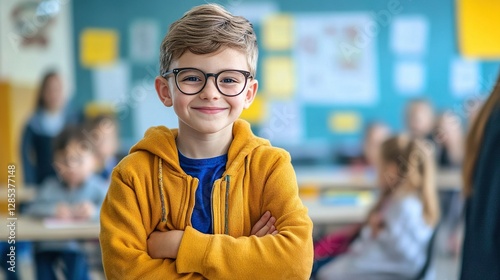Proud boy child posing at class in school