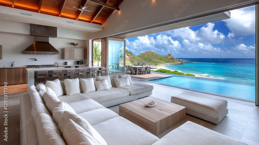 Fototapeta premium Stunning Coastal Villa Showcases Luxury Living With Breathtaking Ocean Views and Modern Design Near the Beach at Sunset