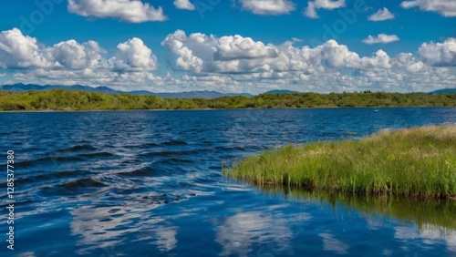 A vibrant and dynamic landscape unfolds, featuring a brilliant blue sky with puffy white clouds drifting lazily across it, reflected in the rippling blue water below, which appears to be in constant m