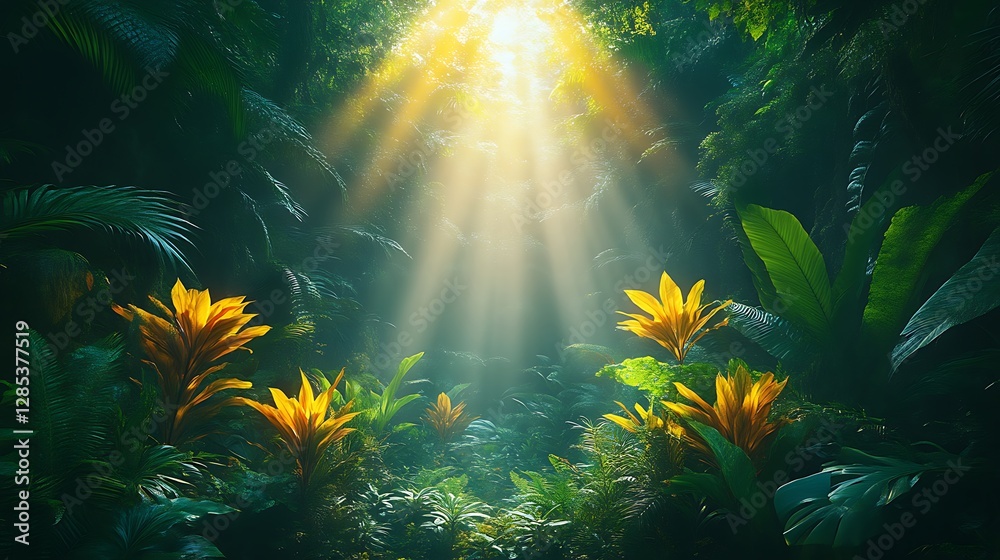 Obraz premium Sunbeams Illuminate Lush Tropical Jungle Foliage