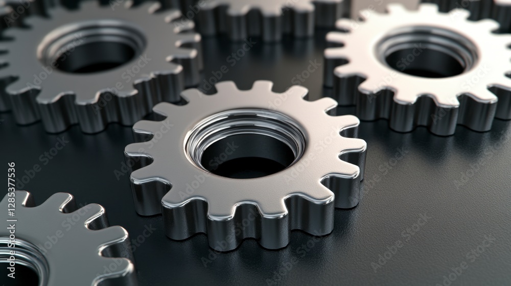 Close up view of several metallic gears on a dark background. The gears are interlocked, suggesting a mechanical process or teamwork. The lighting Close up view of several metallic gears on a dark background. The gears are interlocked, suggesting a mechanical process or teamwork. The lighting