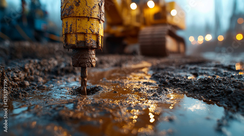  progress and sustainability, a modern drilling machine constructs an artesian well, with clean water emerging from the drilling mud discharge, representing access to fresh water