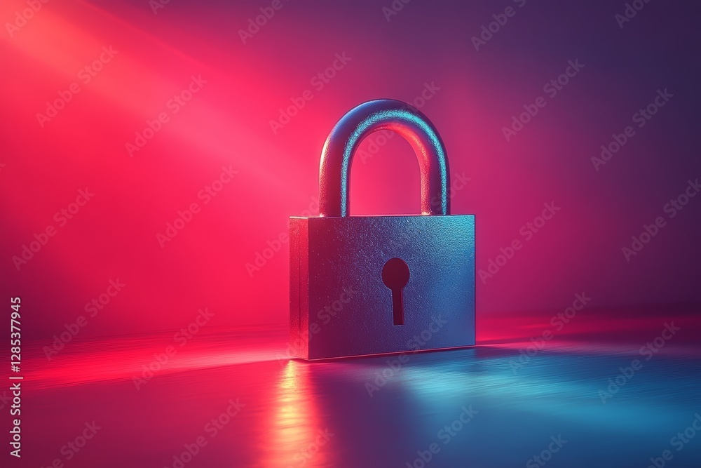 Fototapeta premium Padlock Security Concept Neon Pink Blue Light
