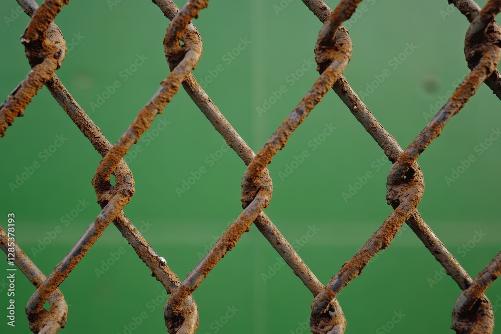 Closeup view of an old and rusty chain link fence highlighting decay and age against a muted background, A close-up view of an old and rusty chain-link fence against a green screen background Closeup view of an old and rusty chain link fence highlighting decay and age against a muted background, A close-up view of an old and rusty chain-link fence against a green screen background
