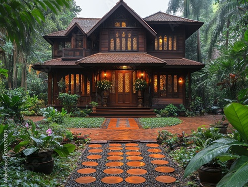 Obraz na płótnie Luxurious Tropical Wooden House Garden Path Lush Greenery w salonie
