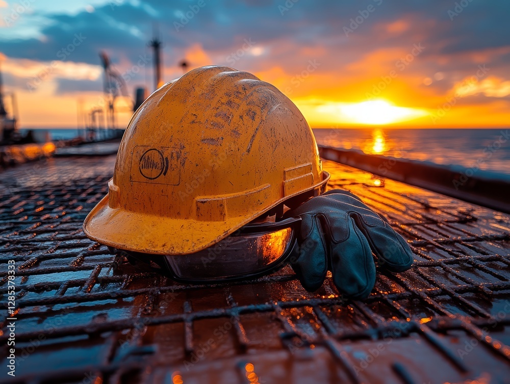 Sunset Offshore Worker Safety Gear Hard Hat Gloves Goggles