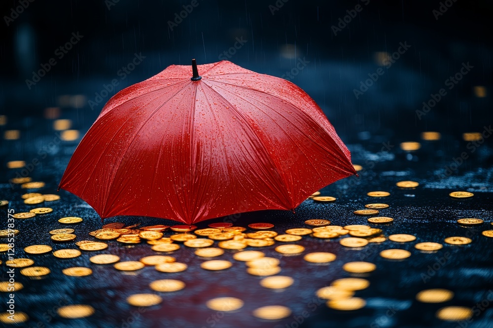 Red Umbrella Protecting Gold Coins in the Rain