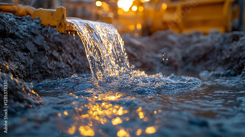  progress and sustainability, a modern drilling machine constructs an artesian well, with clean water emerging from the drilling mud discharge, representing access to fresh water