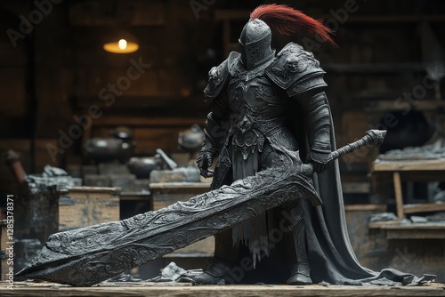 A majestic knight statue, clad in ornate dark armor, stands proudly, wielding a large, intricately carved greatsword. photo