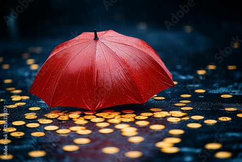 Obraz na płótnie Red Umbrella Protecting Gold Coins in the Rain w salonie