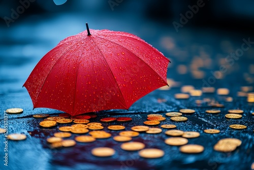 Obraz na płótnie Red Umbrella Protecting Coins in the Rain w salonie