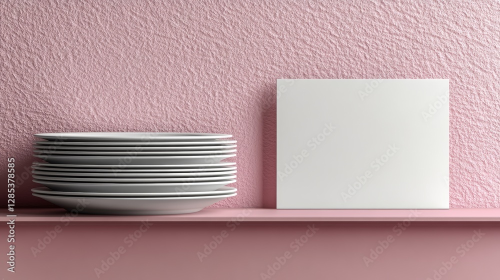 Pink Wall Stacked Plates Blank Sign Mockup Shelf Kitchen Minimalist