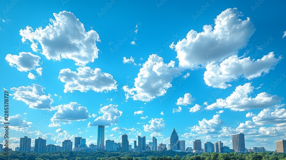 Sunny Cityscape Skyline Blue Sky Fluffy Clouds