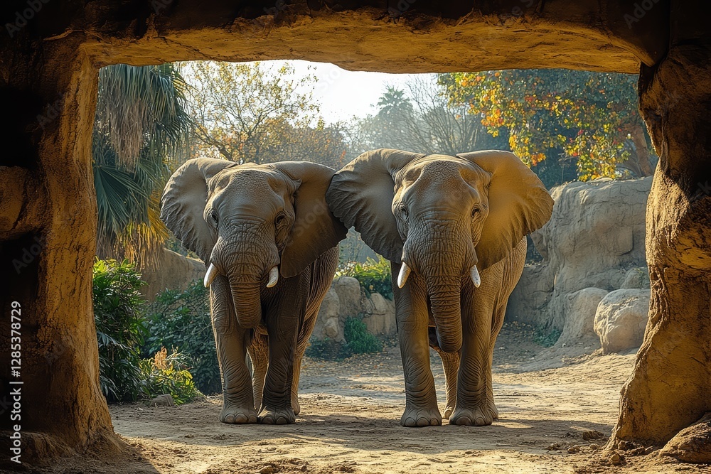 Two African Elephants Emerging from Cave Wildlife Scene