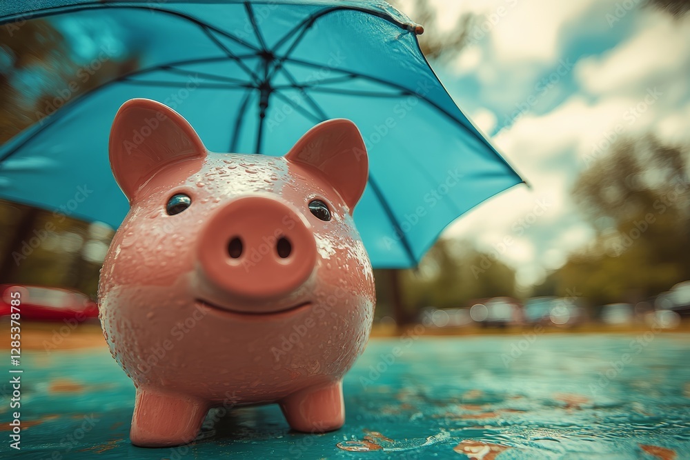 Piggy Bank Under Umbrella Rainy Day Savings Financial Security