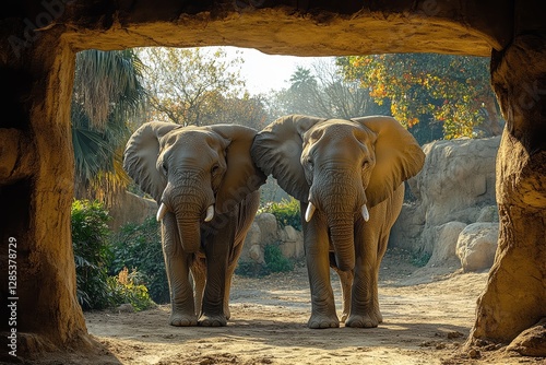 Obraz na płótnie Two African Elephants Emerging from Cave Wildlife Scene w salonie