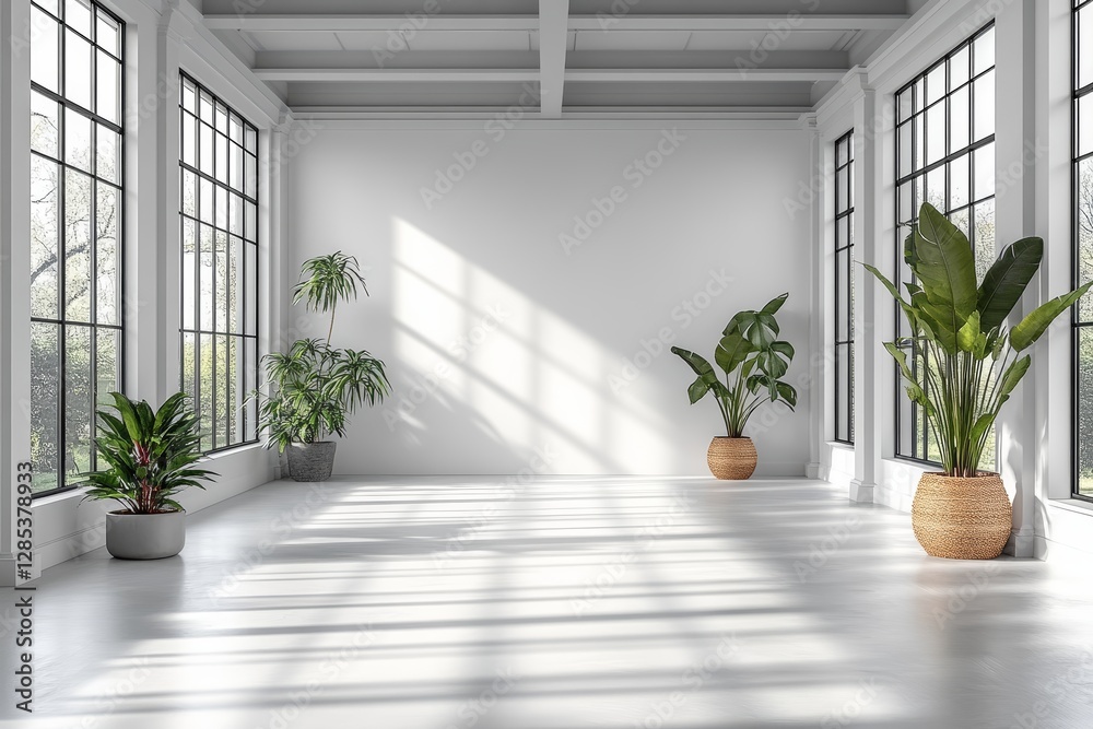 Sunlit Modern Room with Plants and Large Windows