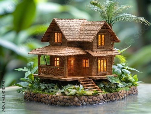 Obraz na płótnie Miniature Tropical Thatch House Island Scene Night Lights w salonie