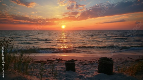 Strandkorb an der Ostsee (Strand von Heringsdorf auf Usedom) bei Sonnenuntergang, Textfreiraum
