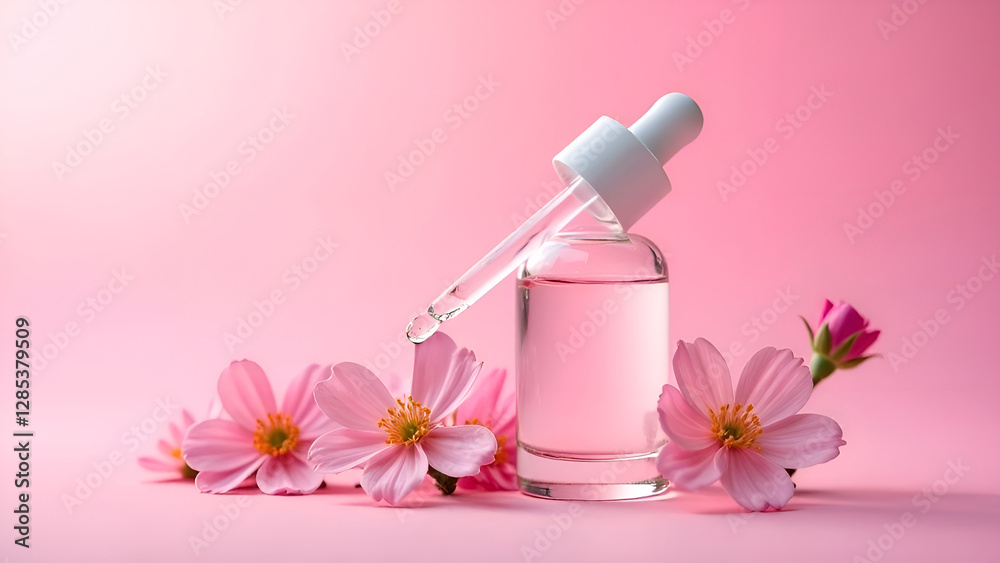 An elegant beauty serum bottle is surrounded by delicate pink flowers, perfect for skincare concepts and promotions