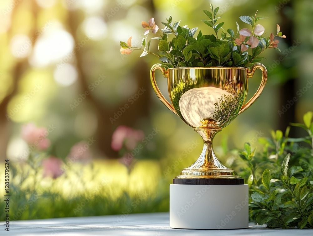 Golden Trophy with Flowers in Garden Setting