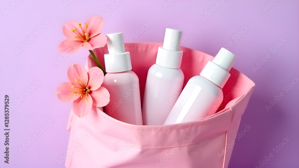 An elegant display showcasing a curated collection of skincare products nestled among pink flowers in a chic pink bag