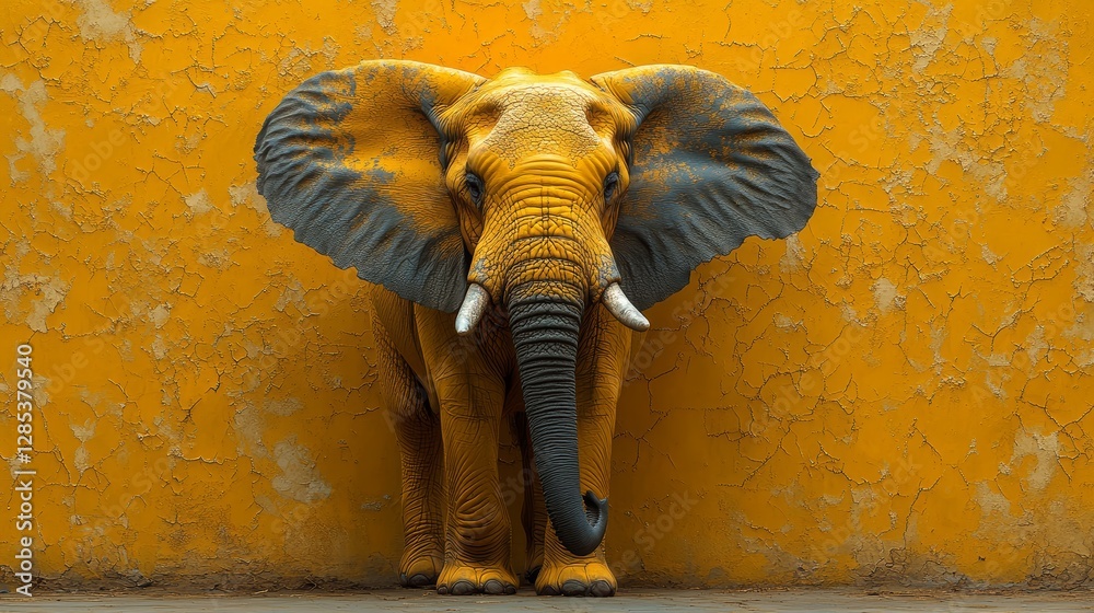 Majestic Yellow Elephant Against Cracked Wall