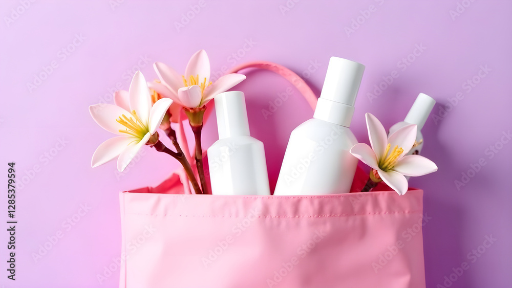An elegant display showcasing a curated collection of skincare products nestled among pink flowers in a chic pink bag