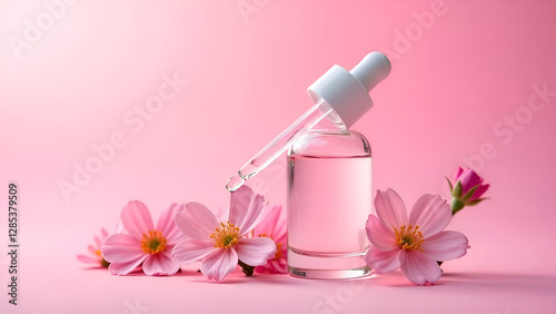 Obraz na płótnie An elegant beauty serum bottle is surrounded by delicate pink flowers, perfect for skincare concepts and promotions w salonie