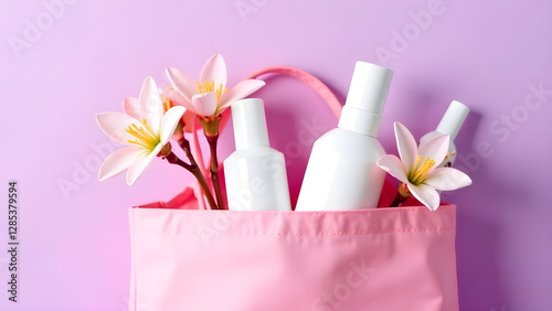Obraz na płótnie An elegant display showcasing a curated collection of skincare products nestled among pink flowers in a chic pink bag w salonie