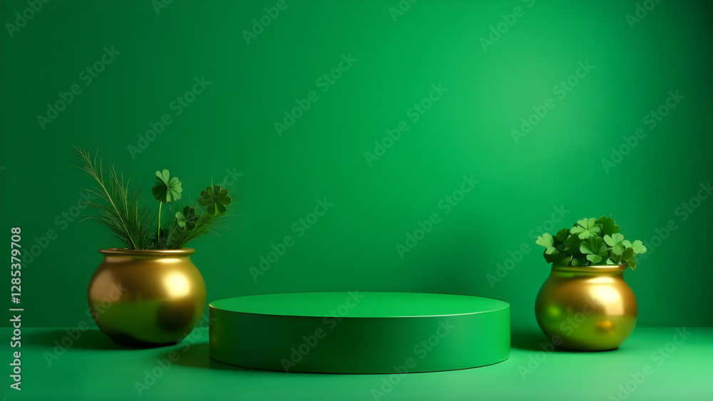 Happy saint patpick's day background with cylindrical podium for promotion. Round stage for product sales presentation. Stage pedestal or platform between golden pots filled with lush, thriving plants