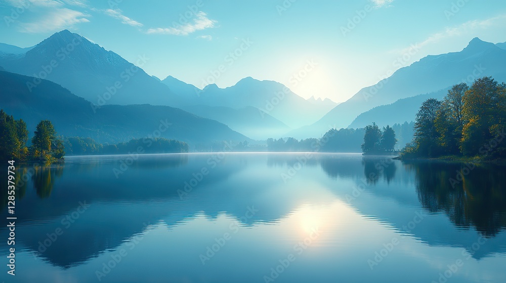 A serene lakeside view with mountains in the background reflects tranquility and beauty Soft colors create a peaceful atmosphere