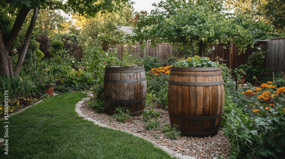 Charming Backyard Garden with Wooden Barrels Surrounded by Lush Greenery and Colorful Flowers Charming Backyard Garden with Wooden Barrels Surrounded by Lush Greenery and Colorful Flowers
