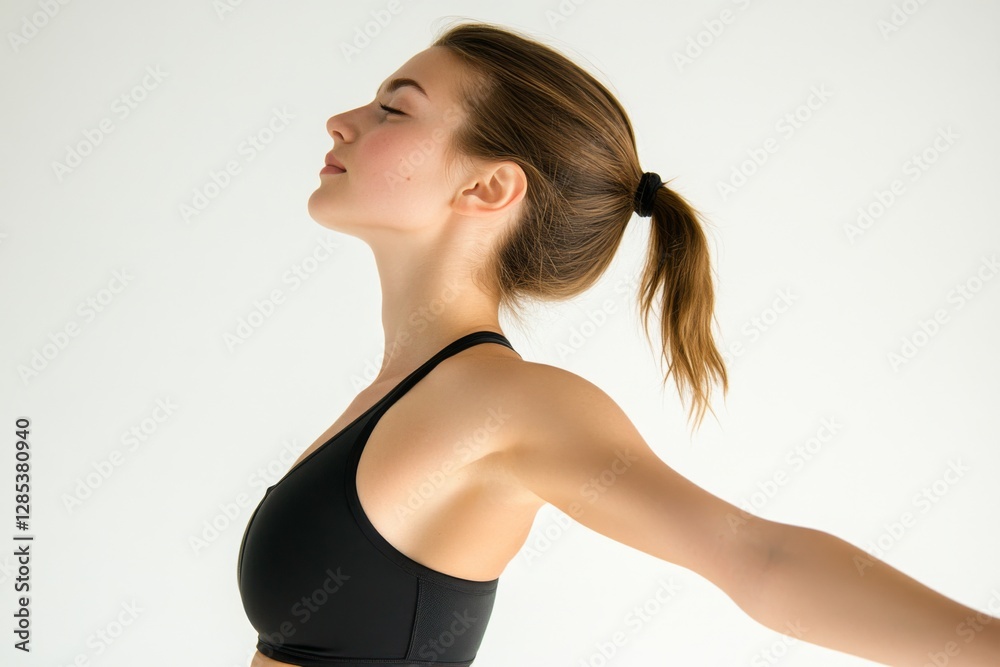 Young Woman Demonstrating Natural Body Movement in a Studio Setting Fitness Photography Calm Environment Side View Wellness Concept Young Woman Demonstrating Natural Body Movement in a Studio Setting Fitness Photography Calm Environment Side View Wellness Concept