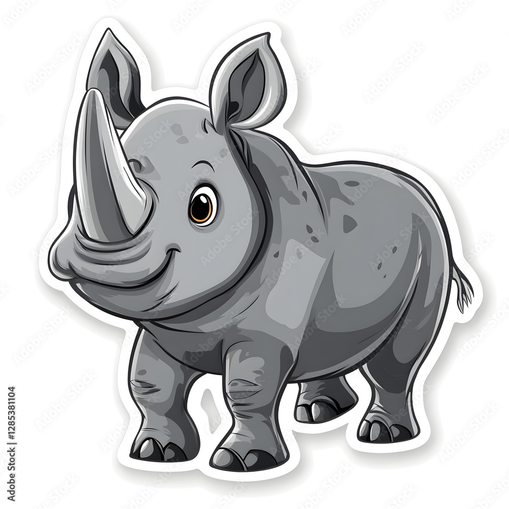 Fototapeta premium Adorable Cartoon Rhino Illustration Gray Rhinoceros Cute Animal Sticker Wildlife Design Childrens