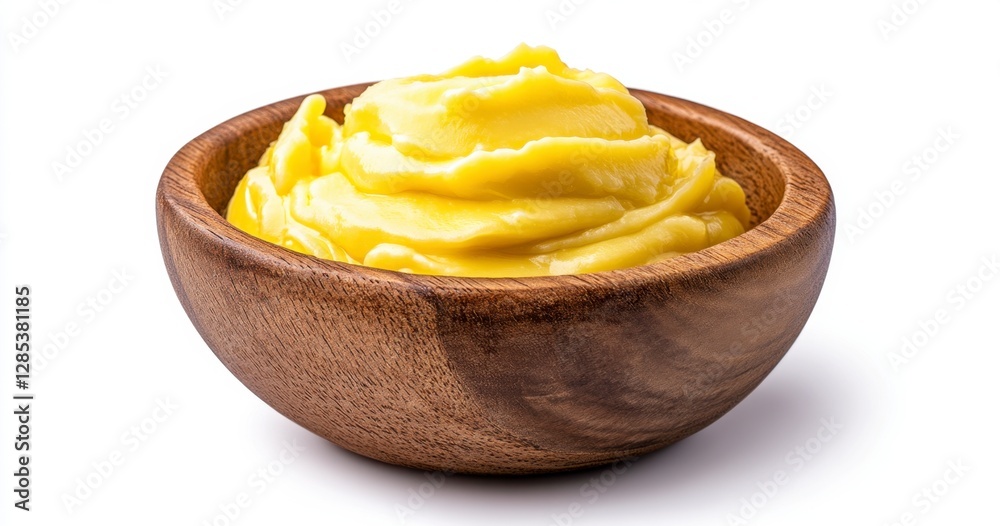 Close up view of pale yellow creamy substance in a dark brown wooden bowl, isolated on white background. The texture is smooth and slightly swirled. Close up view of pale yellow creamy substance in a dark brown wooden bowl, isolated on white background. The texture is smooth and slightly swirled.