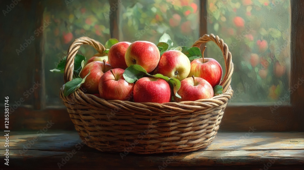 Fresh Red Apples in a Rustic Woven Basket Against a Soft Focus Background with Greenery Fresh Red Apples in a Rustic Woven Basket Against a Soft Focus Background with Greenery