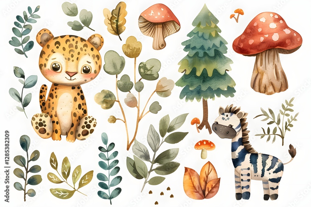 Fototapeta premium Adorable Watercolor Safari Animals Plants Mushrooms Cute Leopard Zebra Forest Illustration