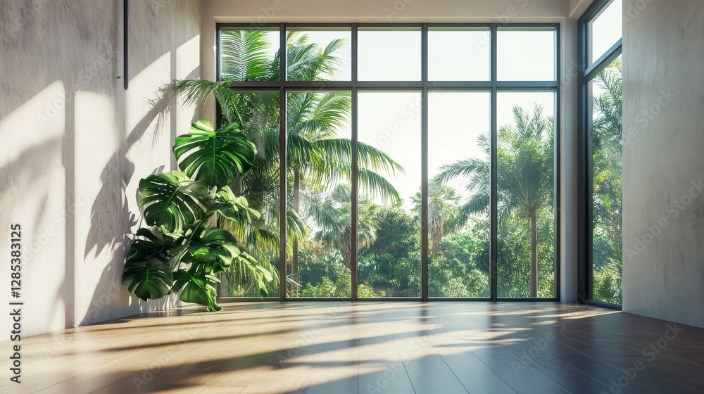 Bright and Airy Interior With Large Windows Showcasing Lush Greenery in a Modern Living Space During Daylight Hours Bright and Airy Interior With Large Windows Showcasing Lush Greenery in a Modern Living Space During Daylight Hours
