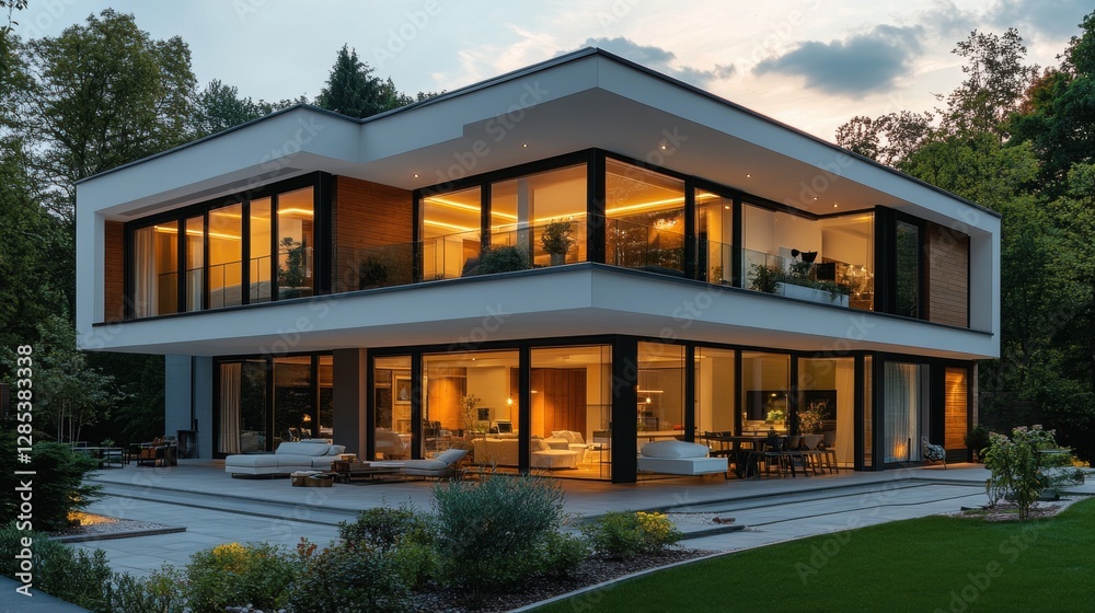 Modern Architectural Marvel Surrounded by Lush Greenery and Serene Skies at Twilight Modern Architectural Marvel Surrounded by Lush Greenery and Serene Skies at Twilight
