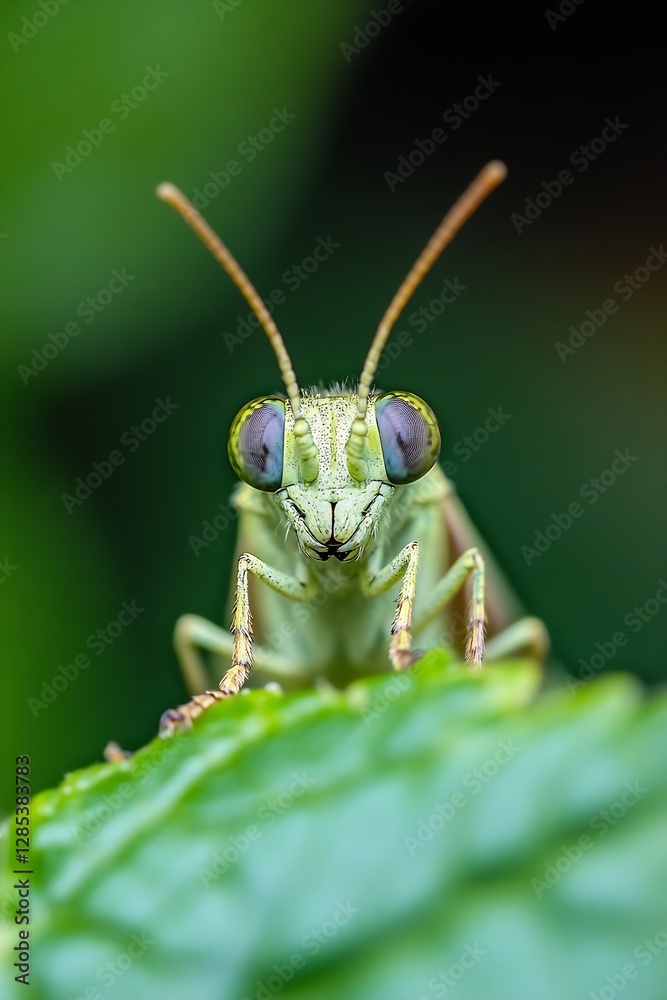 Detailed close up of a green grasshopper perched on a leaf showcasing nature's intricate beauty : Generative AI Detailed close up of a green grasshopper perched on a leaf showcasing nature's intricate beauty : Generative AI