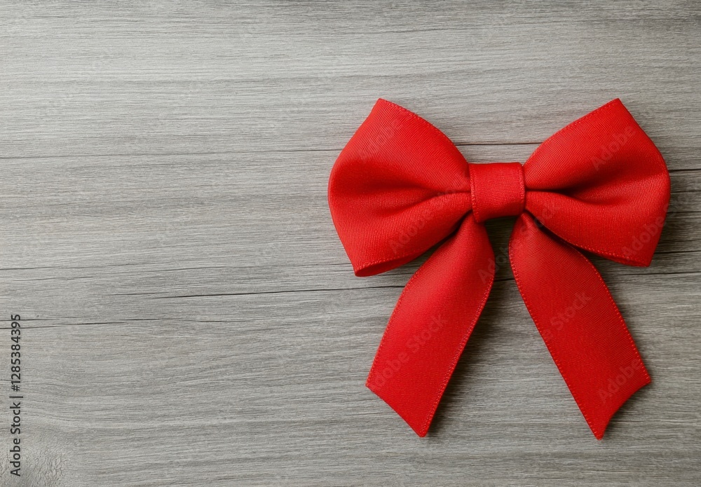 Red fabric bow on gray wooden background. Top view. Holiday or gift concept. Festive decoration. Simple elegant design Red fabric bow on gray wooden background. Top view. Holiday or gift concept. Festive decoration. Simple elegant design