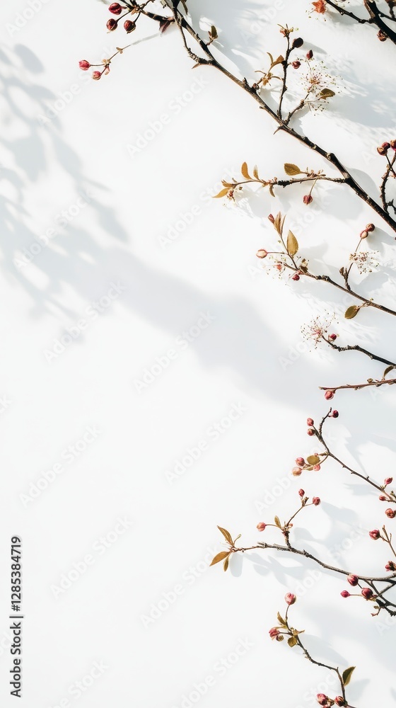 Delicate Branches With Dried Leaves and Flowers Cast Shadows on a Light Background During Early Spring Afternoons Delicate Branches With Dried Leaves and Flowers Cast Shadows on a Light Background During Early Spring Afternoons