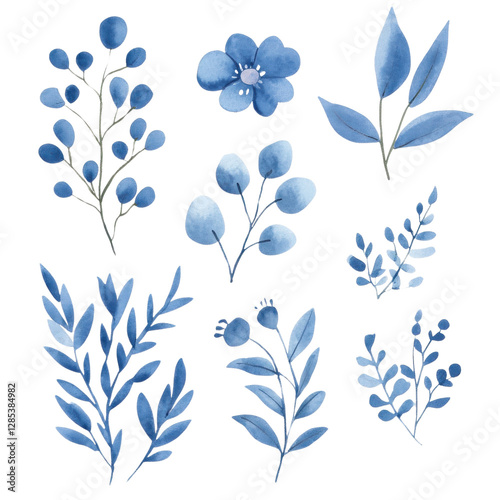 A collection of blue watercolor botanical illustrations featuring various leaves and flowers against a white background.
