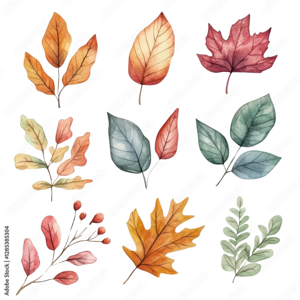 Obraz premium A collection of vibrant, hand-painted watercolor leaves in various shapes and colors showcasing the beauty of nature and fall aesthetics.