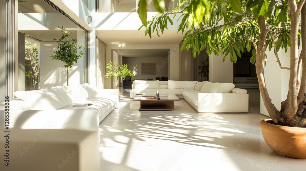 Bright and Spacious Modern Living Room Featuring Large Windows, Comfortable Seating, and Lush Indoor Plants in a Contemporary Setting Bright and Spacious Modern Living Room Featuring Large Windows, Comfortable Seating, and Lush Indoor Plants in a Contemporary Setting
