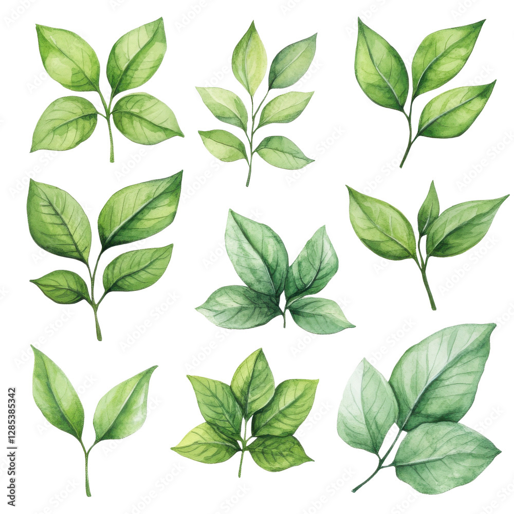 A collection of vibrant leaves arranged artistically, showcasing various shapes and shades of green, ideal for botanical designs and natural themes. A collection of vibrant leaves arranged artistically, showcasing various shapes and shades of green, ideal for botanical designs and natural themes.