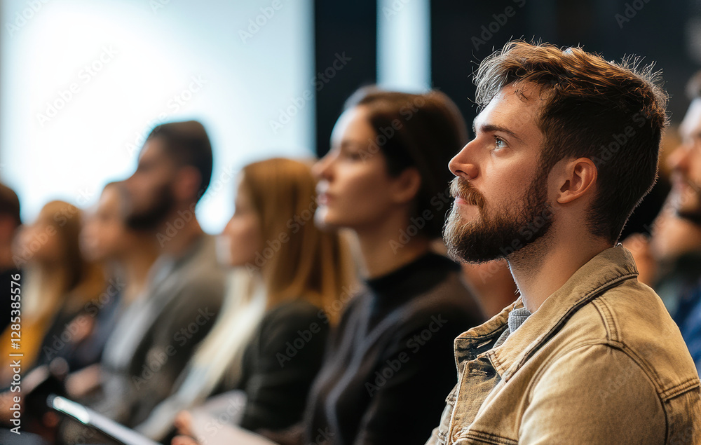 Obraz premium Audience engagement at business conference urban venue professional gathering modern environment close-up view learning insights